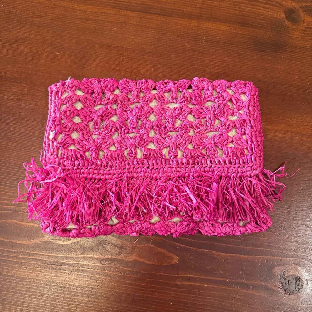 Mar Y Sol Pink Crochet Woven Fringe Clutch